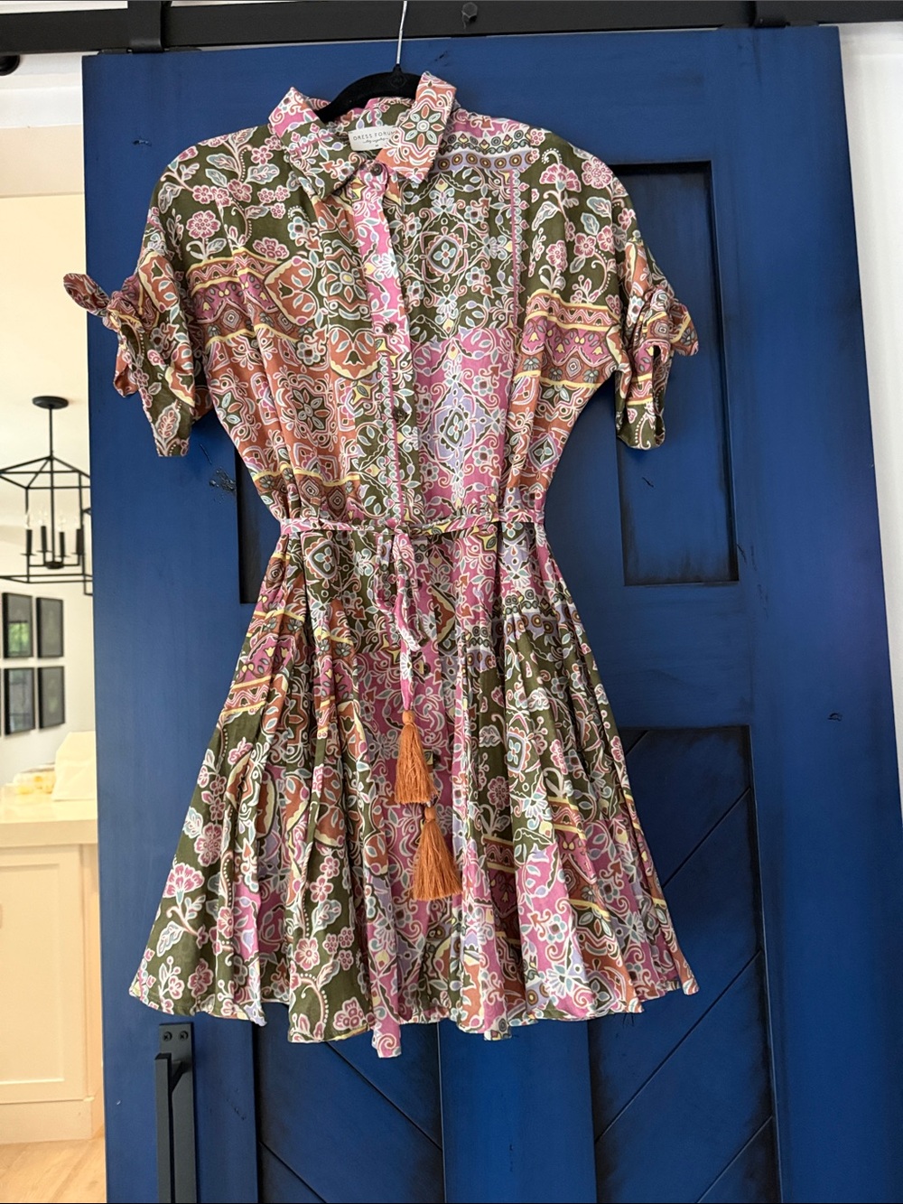 Dress Forum Pink & Olive Paisley Button-Front Shirt Dress with Tassel tie